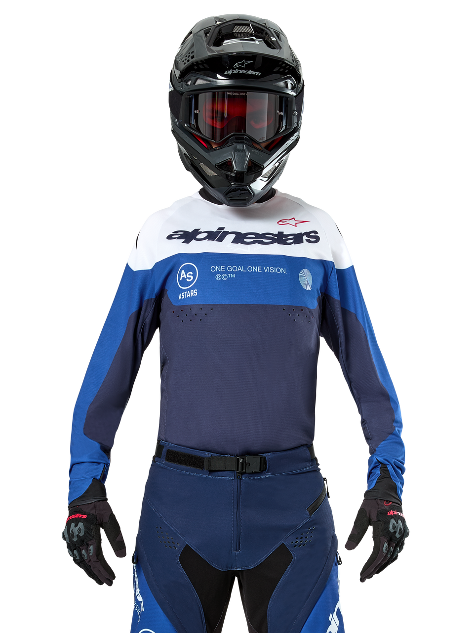 Alpinestars Pro-Dura Jersey, Motocross and Enduro Jersey, Navy, Bright Blue, and White, worn with matching navy pants, black gloves and helmet, featuring chest branding and laser-cut ventilation for off-road motorcycle racing