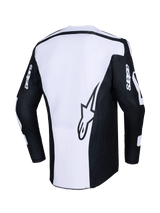 Alpinestars 2026 Racer Air Riway Jersey, Motocross Jersey, Black and White, back view showing large star logo on white panel, black sleeves with 'astars' branding, perforated mesh fabric for airflow, technical off-road riding gear
