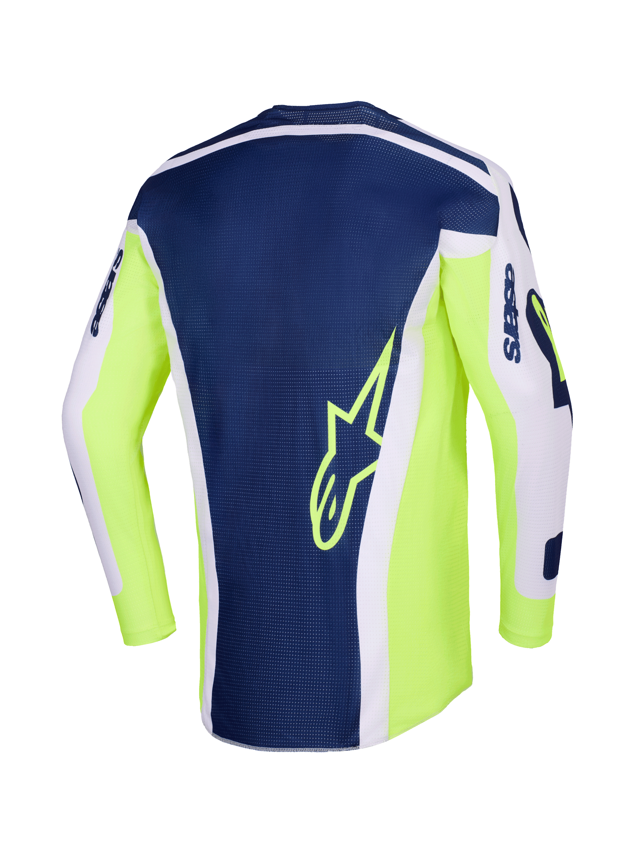 Alpinestars 2026 Racer Air Riway Jersey, Motocross Jersey, Light Gray Yellow Fluo and Blue, back view featuring a navy blue central panel with a yellow star logo, bright yellow fluo sides, and light gray sleeves for off-road performance.