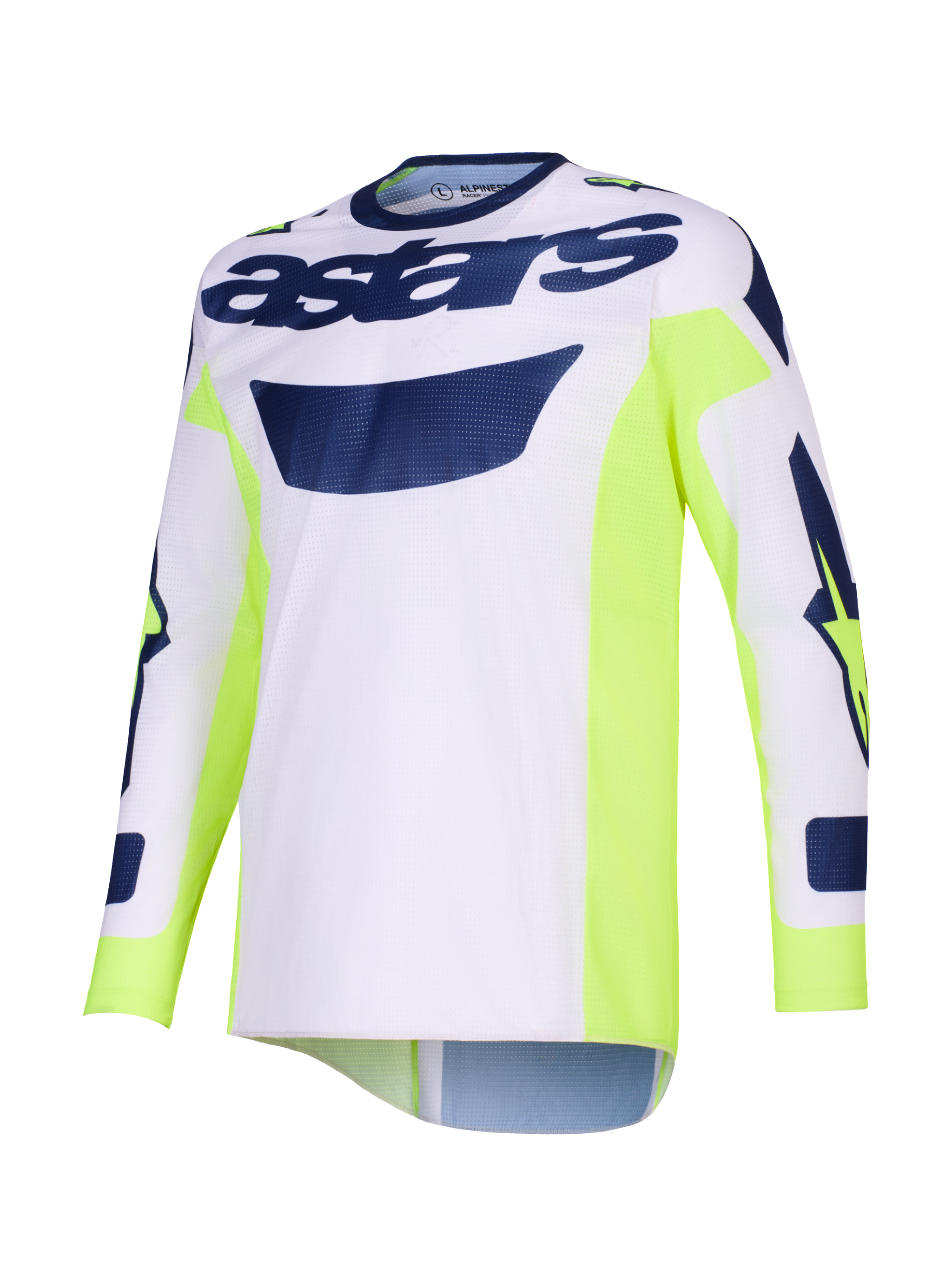 Alpinestars 2026 Racer Air Riway Jersey, Motocross Jersey, Light Gray with Yellow Fluo and Blue accents, 'astars' branding across the chest, neon yellow side panels, breathable mesh construction for off-road performance