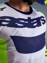 Alpinestars 2026 Racer Air Riway Jersey, Motocross Jersey, Light Gray and Navy Blue with Fluorescent Yellow, close-up of chest showing 'astars' logo and perforated mesh fabric, athletic fit for off-road riding