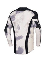 Alpinestars 2026 Racer Lahnd Jersey, Motocross Jersey, Sand Camo with off-white and gray brushstroke patterns, back view featuring vertical black mesh panels, black collar, and extended rear profile for coverage.