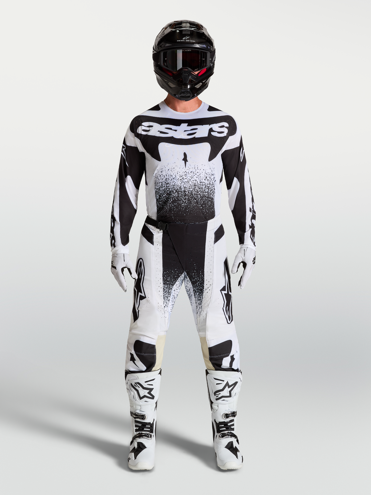 Alpinestars Techstar Swan Jersey AND Techstar Swan Gear Set, Men's Motocross outfit, Black and White with stippled graphics.