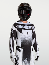 Alpinestars Techstar Swan Jersey, men's black and white motocross jersey with athletic fit and laser-cut ventilation.