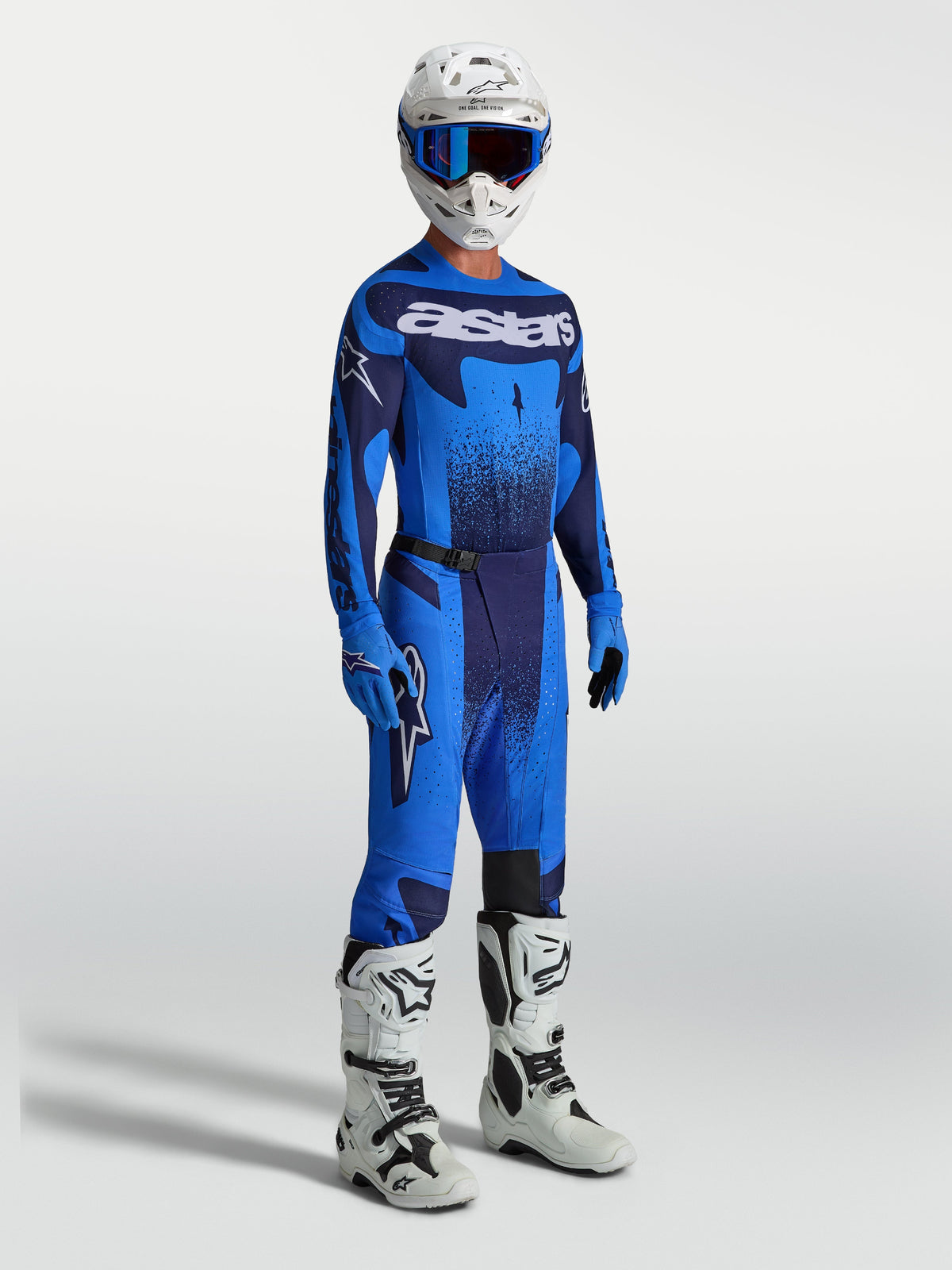 Alpinestars Techstar Swan Jersey and Gear Set, Men's Motocross outfit in UCLA Blue and Deep Blue with white boots.