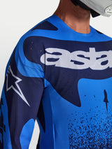 Alpinestars Techstar Swan Jersey, blue and deep blue motocross jersey for men featuring laser-cut ventilation and white logos.