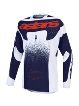 Alpinestars Techstar Swan Jersey, athletic race-fit motocross top in light lilac, dark gray, and red fluo textile.