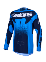 Alpinestars Techstar Swan Jersey, blue and deep blue motocross top with moisture-wicking fabric and laser-cut ventilation.