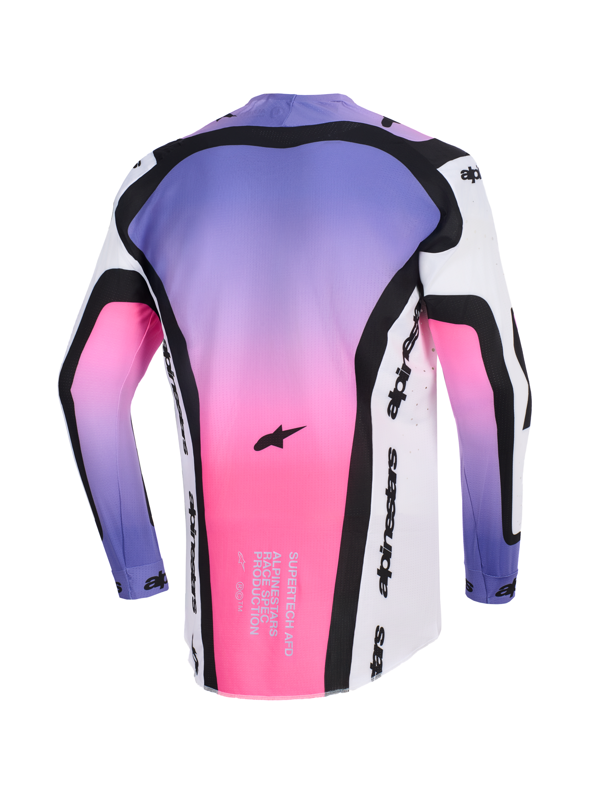 Alpinestars 2026 Supertech AFD Vista Jersey, Motocross Jersey, White Purple and Black with pink gradient, back view showing Supertech AFD race-spec text and Alpinestars branding, professional athletic-fit off-road gear