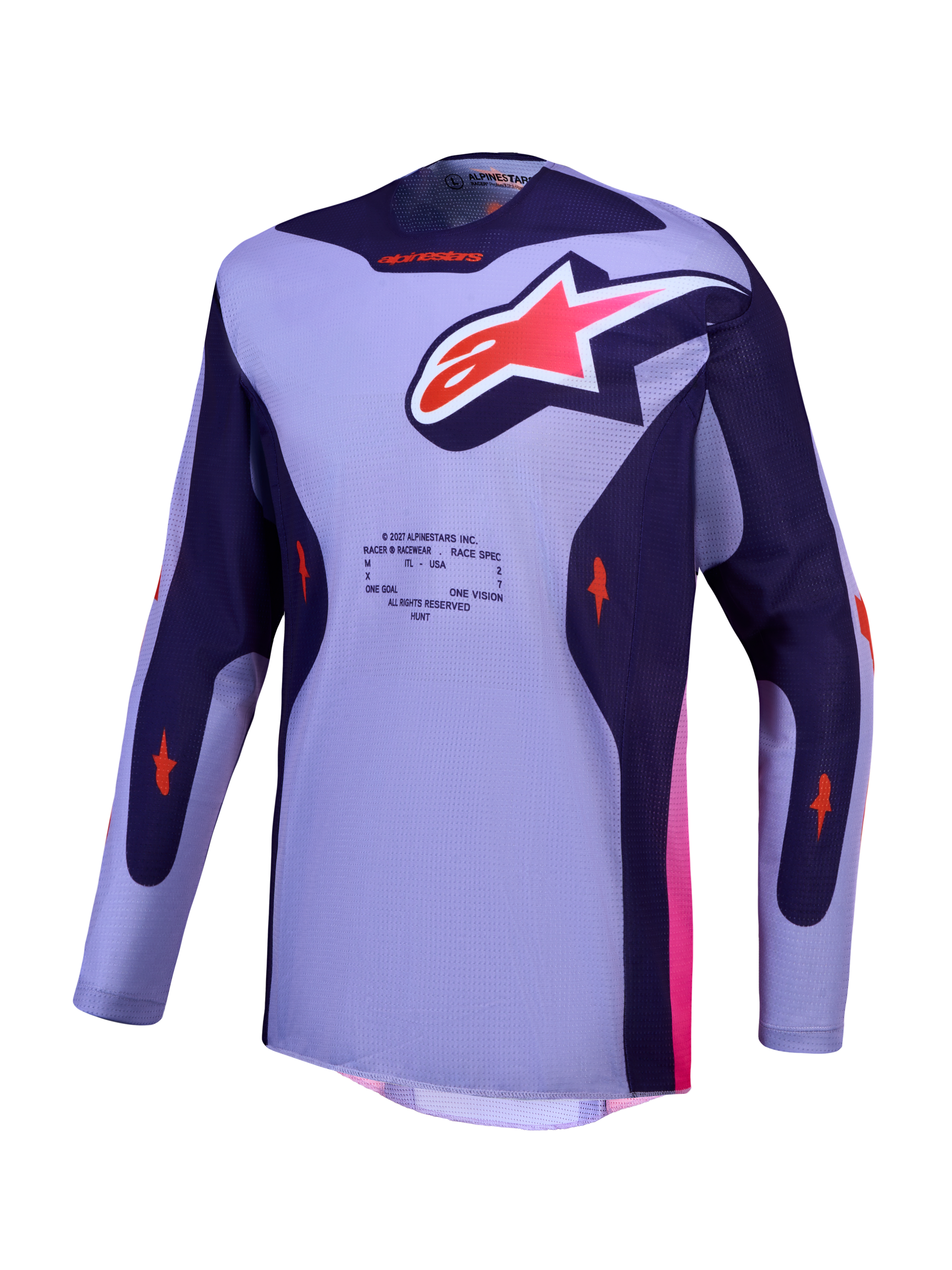 Alpinestars Racer Air Hunt Jersey, purple and violet motocross racing jersey with breathable mesh and pink accents.