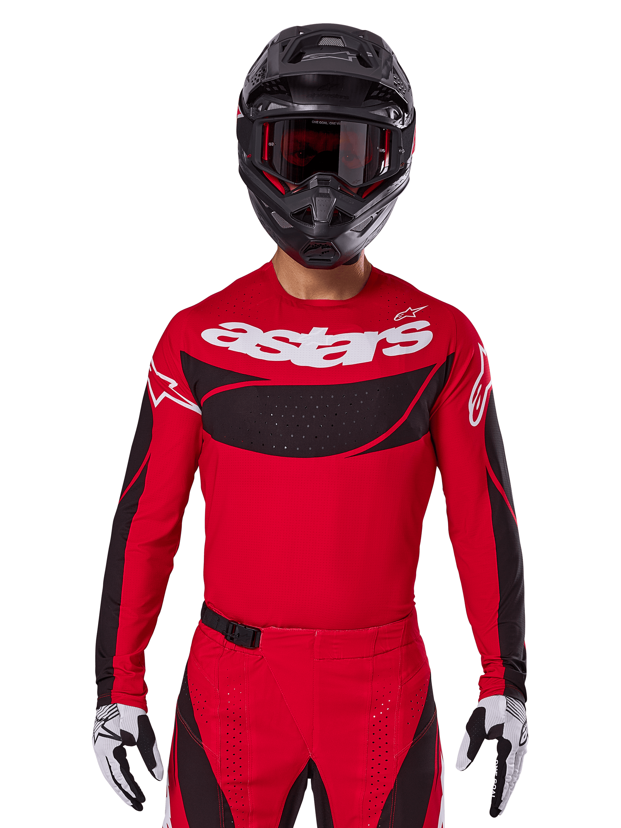 Alpinestars 2025 Techstar Dreem Jersey, Motocross Gear, Bright Red and Black, featuring a white 'astars' logo and black ventilated chest panel, worn with matching pants, black helmet, and white and black gloves, designed for professional off-road racing