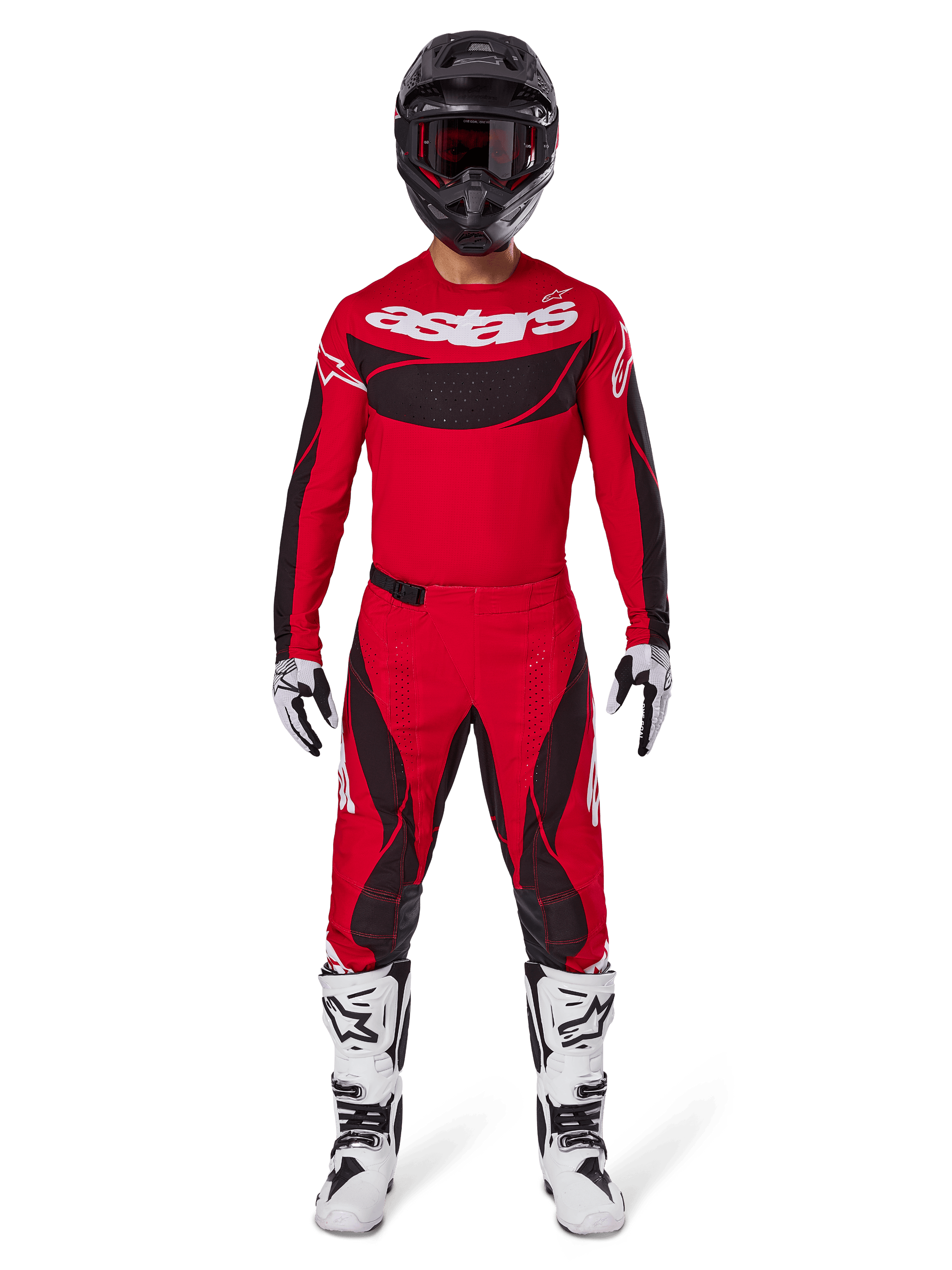 Motocross rider wearing the Alpinestars 2025 Techstar Dreem Gear Set, Bright Red jersey with black panels and white 'astars' branding, matching red and black pants, black helmet, white and black boots and gloves, complete outfit for off-road competition