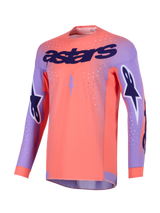 Alpinestars 2026 Supertech Scenz Jersey, Motocross Jersey, Hot Coral and Purple, featuring large purple 'astars' branding on the chest, star logos on the sleeves, and perforated mesh panels for high-performance off-road racing.