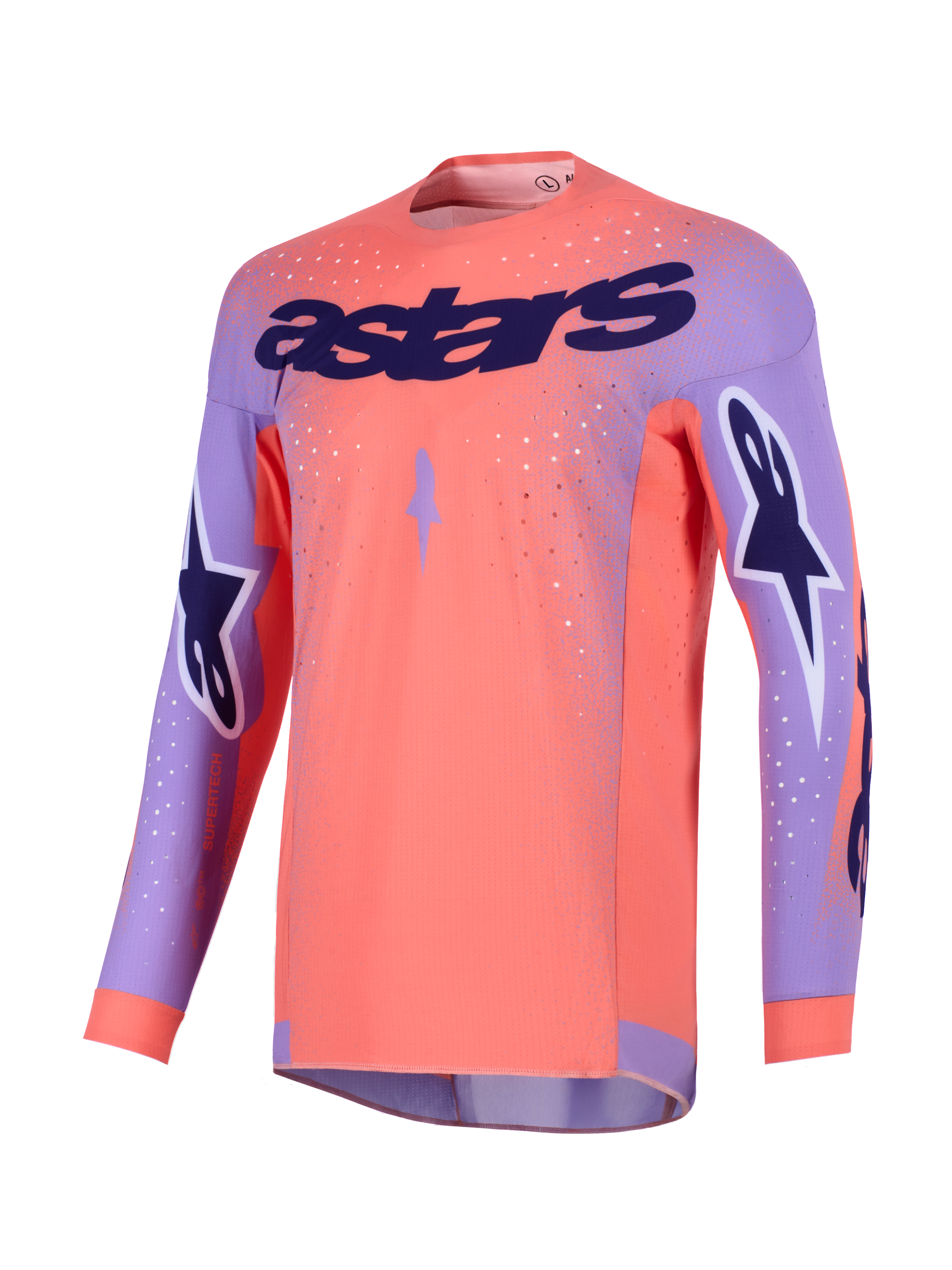 Alpinestars 2026 Supertech Scenz Jersey, Motocross Jersey, Hot Coral and Purple, featuring large purple 'astars' branding on the chest, star logos on the sleeves, and perforated mesh panels for high-performance off-road racing.