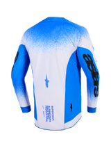 Alpinestars 2026 Supertech Scenz Jersey, back view, Ucla Blue and White, professional motocross jersey with mesh construction and laser-cut perforations, featuring bold black sleeve graphics and technical branding on the back.