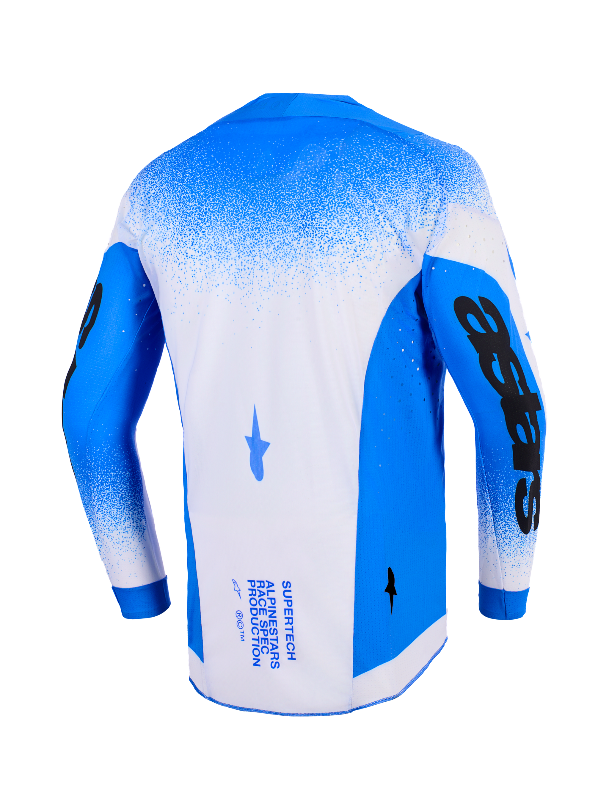 Alpinestars 2026 Supertech Scenz Jersey, back view, Ucla Blue and White, professional motocross jersey with mesh construction and laser-cut perforations, featuring bold black sleeve graphics and technical branding on the back.