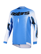 Alpinestars 2026 Supertech Scenz Jersey, Motocross Jersey, UCLA Blue and White, featuring black astars chest logo, gradient speckled design on shoulders and sleeves, lightweight stretch mesh, performance athletic fit for off-road racing