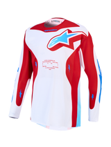 Alpinestars Racer Hunt Jersey, white and red motocross jersey with blue accents, moisture-wicking polyfabric.