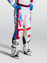 Alpinestars Racer Hunt Pants, motocross racing pants in White, Red, and Blue with pre-curved legs and leather inner knees.