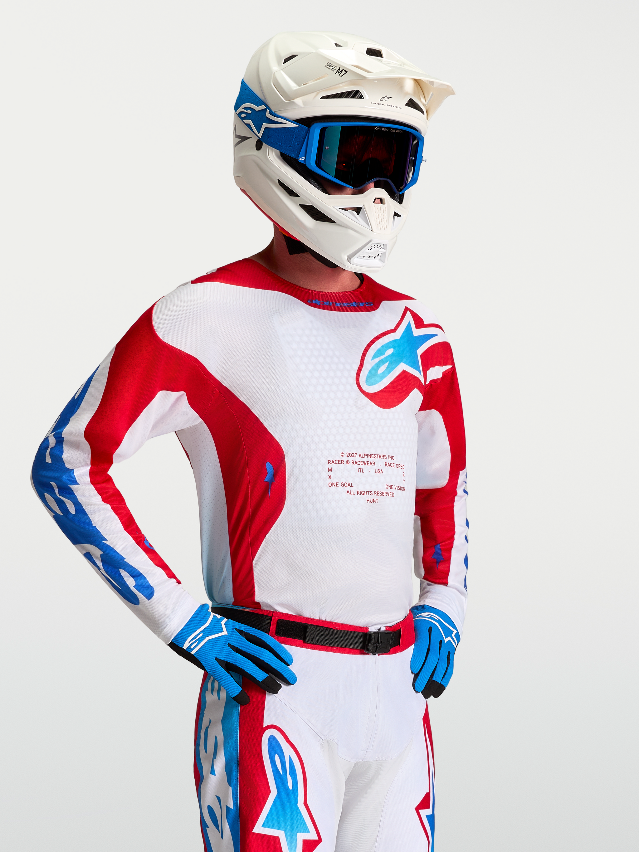 Alpinestars Racer Hunt Jersey, Men's Motocross Jersey, White and Red with Blue accents, moisture-wicking textile.