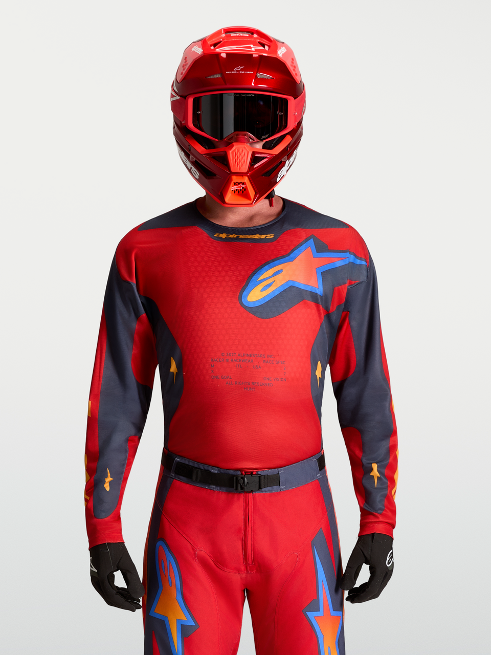 Alpinestars Racer Hunt Jersey, red and gray men's motocross jersey featuring moisture-wicking fabric and ventilated mesh.