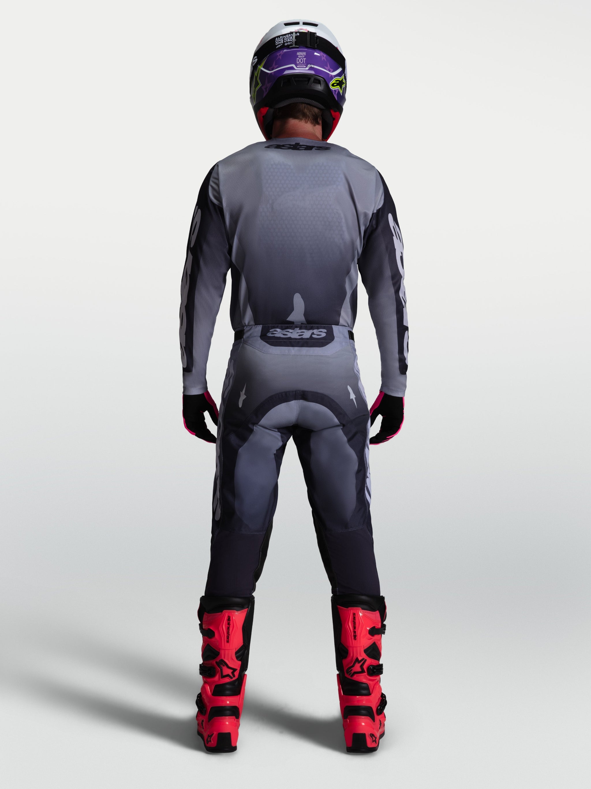 Alpinestars 2027 Racer Amber Gear Set, back view of Men's Gray and Lilac Motocross Jersey and Pants on-model.