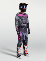 Alpinestars Racer Lone Pants and matching jersey, men's motocross racing set in gray camo and purple.