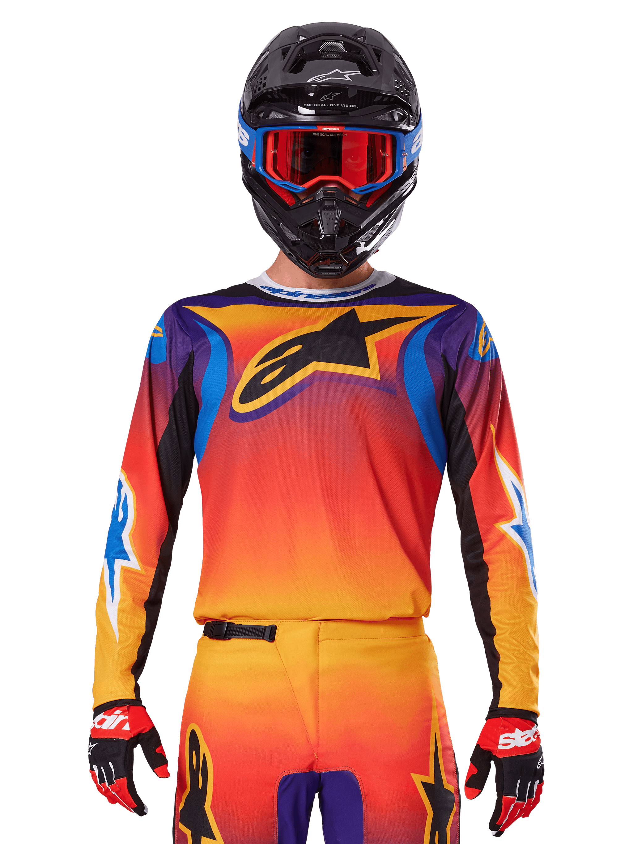 Alpinestars 2025 Fluid Wurx Jersey, Multicolor motocross jersey with orange and red gradient and purple accents, worn with matching gear, black helmet with blue and red goggles, and red gloves, featuring a large black star logo on the chest.