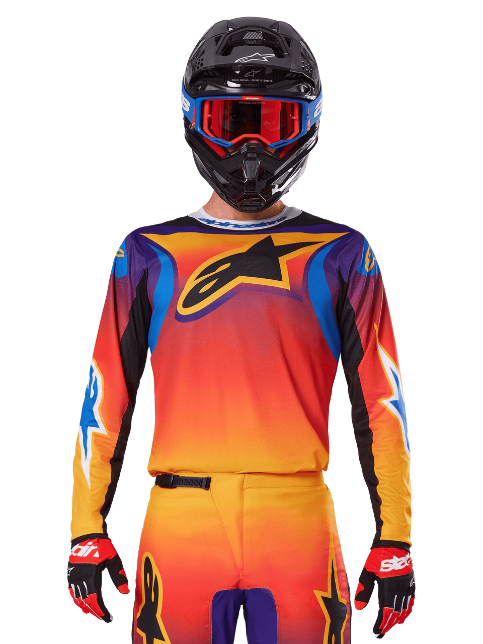 Alpinestars 2025 Fluid Wurx Jersey, Multicolor motocross jersey with orange and red gradient and purple accents, worn with matching gear, black helmet with blue and red goggles, and red gloves, featuring a large black star logo on the chest.