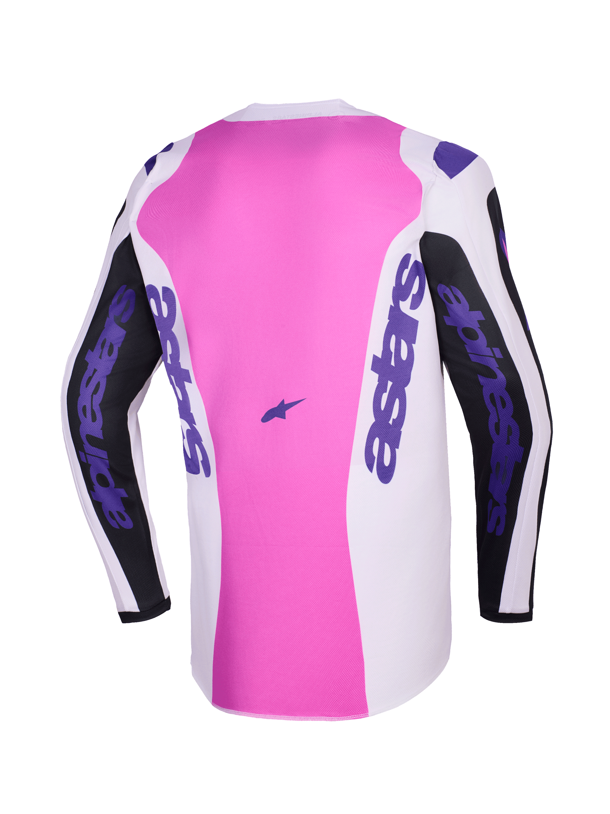 Alpinestars 2026 Fluid Grid Jersey, back view, Motocross Jersey, Black Light Gray and Purple, pink center panel with white and black sections, purple Alpinestars branding on sleeves and sides, moisture-wicking polyfabric construction