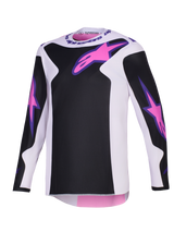 Alpinestars 2026 Fluid Grid Jersey, Motocross Jersey, Black, Light Gray, and Purple, featuring pink Astars logos on the chest and sleeves, black panels on a light gray base, long-sleeved athletic fit for off-road riding.