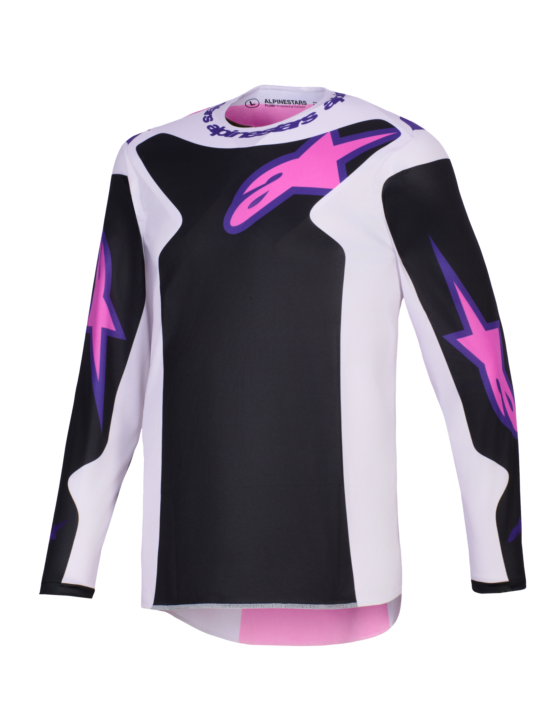 Alpinestars 2026 Fluid Grid Jersey, Motocross Jersey, Black, Light Gray, and Purple, featuring pink Astars logos on the chest and sleeves, black panels on a light gray base, long-sleeved athletic fit for off-road riding.
