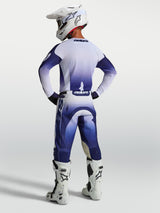 Alpinestars Racer Air Amber Jersey and Gear Set, navy blue and white mesh motocross gear, rear view on model in racing gear.