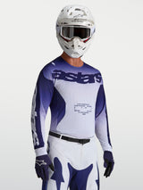 Alpinestars Racer Air Amber Jersey, a men's blue and white motocross racing jersey featuring ventilated mesh for high airflow.