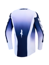 Alpinestars Racer Air Amber Jersey, blue and white motocross jersey, back view, breathable mesh, extended rear hem.