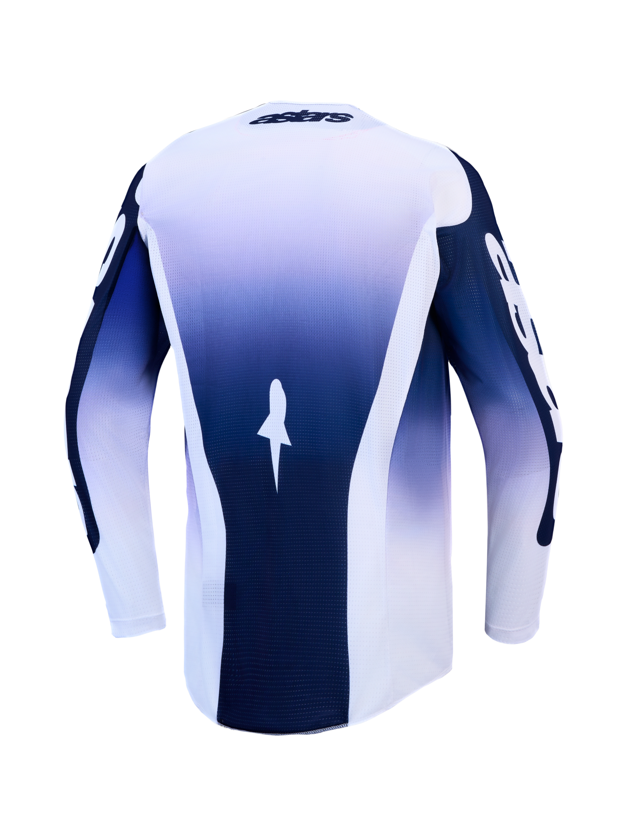 Alpinestars Racer Air Amber Jersey, blue and white motocross jersey, back view, breathable mesh, extended rear hem.