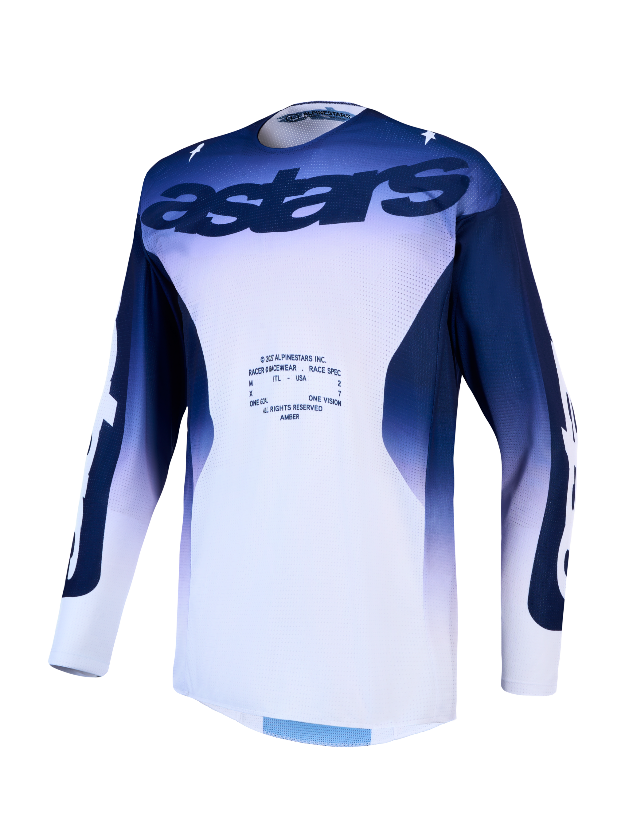 Alpinestars Racer Air Amber Men's Motocross Jersey in blue and white, featuring ventilated mesh for enhanced airflow.