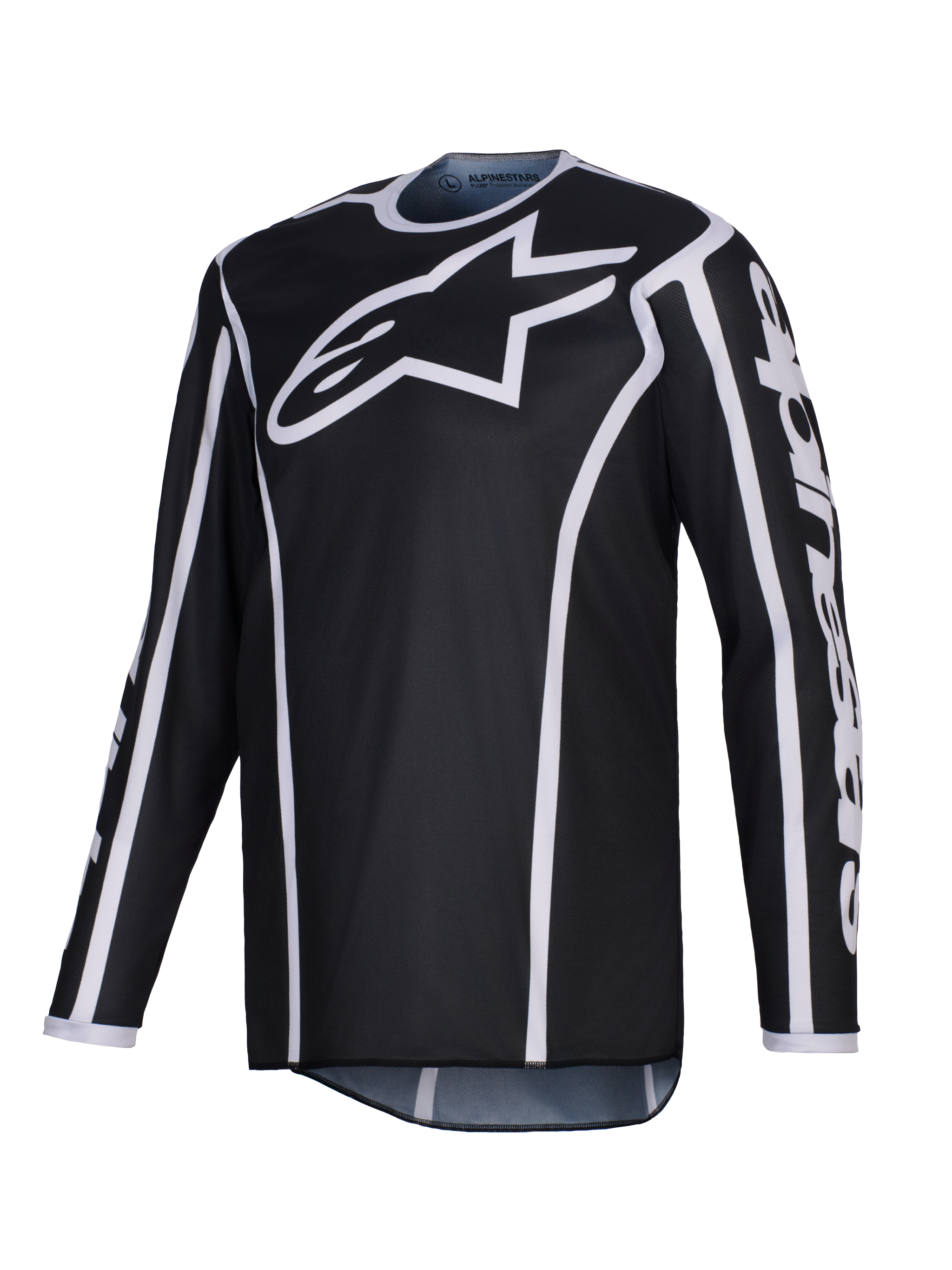 Alpinestars 2026 Fluid Apex Jersey, Motocross Jersey, Black with white accents, large white logo on chest, white trim along the seams, long-sleeve performance polyfabric for off-road racing