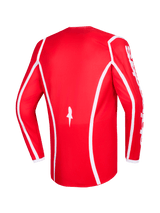 Alpinestars 2026 Fluid Apex Jersey, Red and White, back view of long-sleeve motocross jersey with white curved accent lines, star logo at the bottom, and white Alpinestars text on sleeves, designed for off-road racing