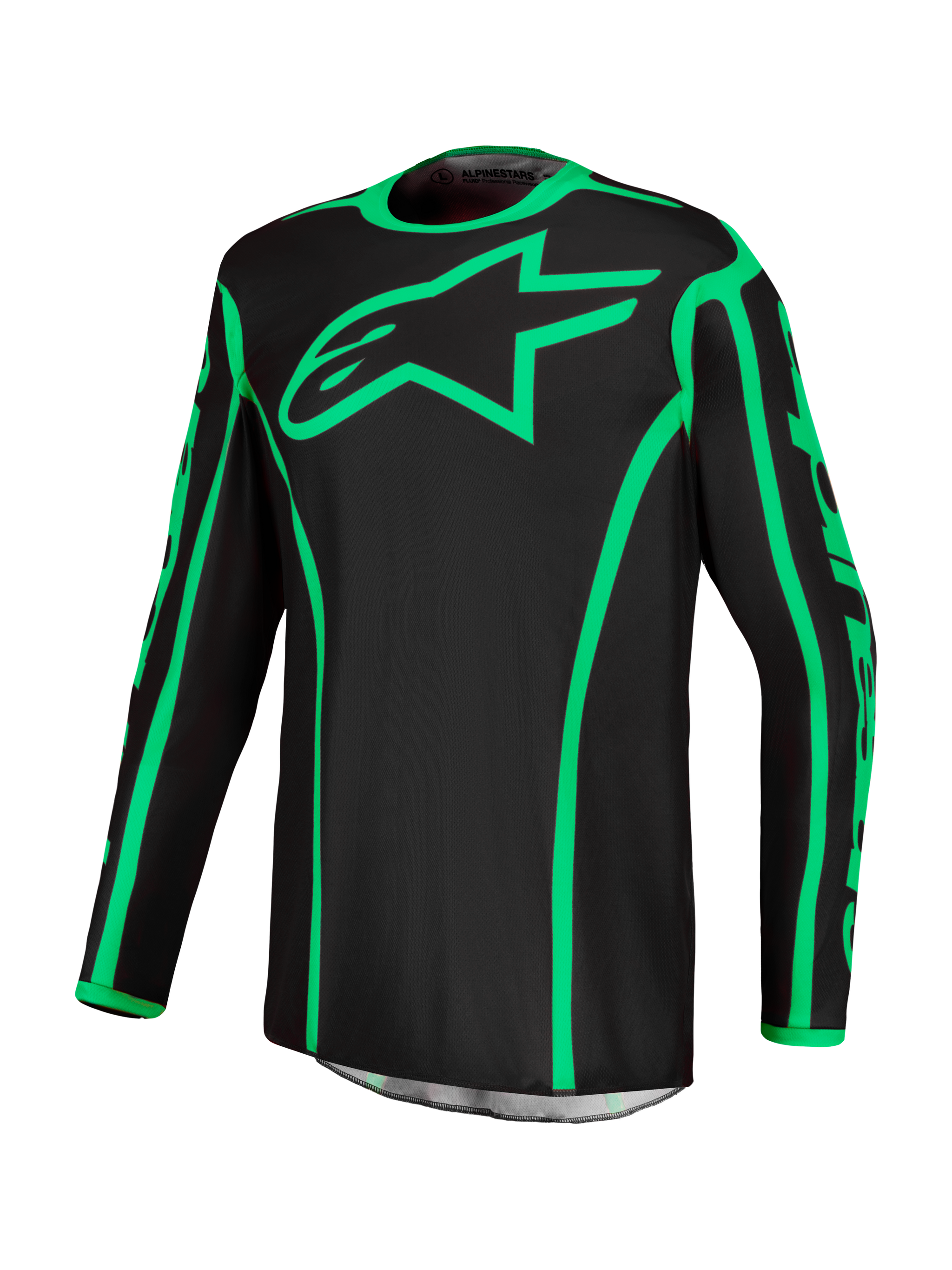 Alpinestars Fluid Apex V2 Jersey, black and green fluo motocross jersey with moisture-wicking polyfabric and star logo.