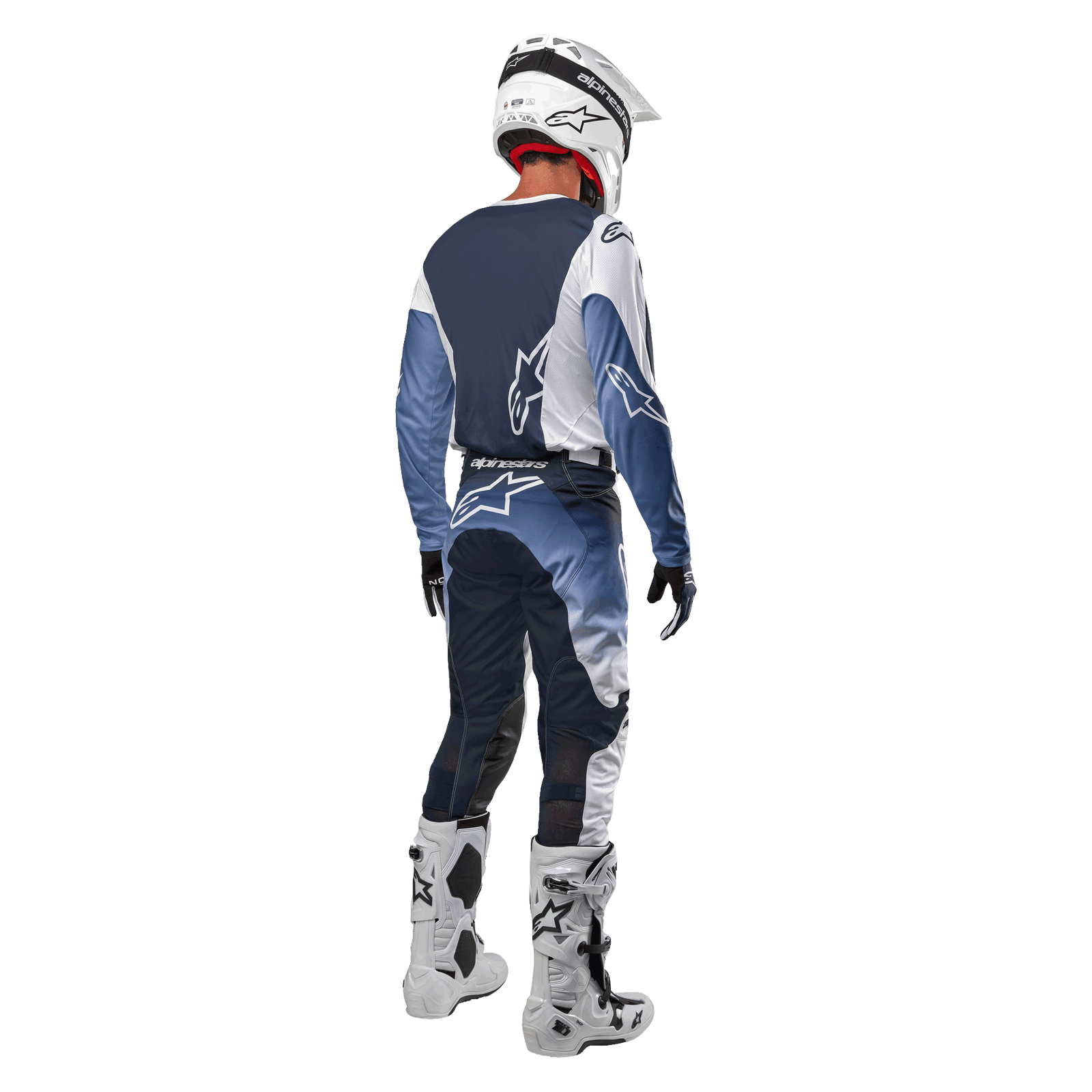 Alpinestars 2024 Racer Hoen Jersey, Men's Motocross Gear, White and Navy, back view, moisture-wicking stretch fabric.