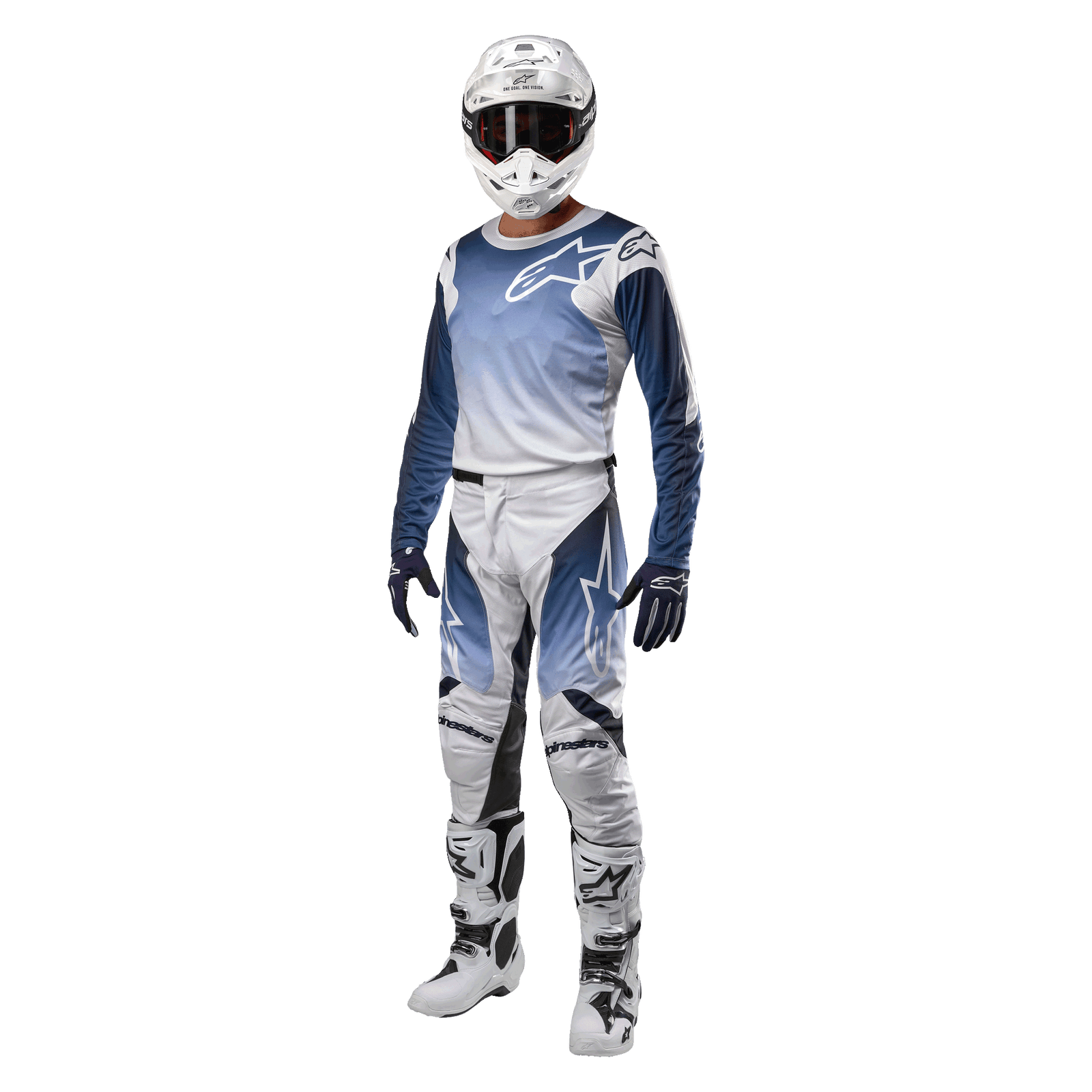 Alpinestars 2024 Racer Hoen Jersey and Pants, Men's motocross gear set in white and navy moisture-wicking fabric.