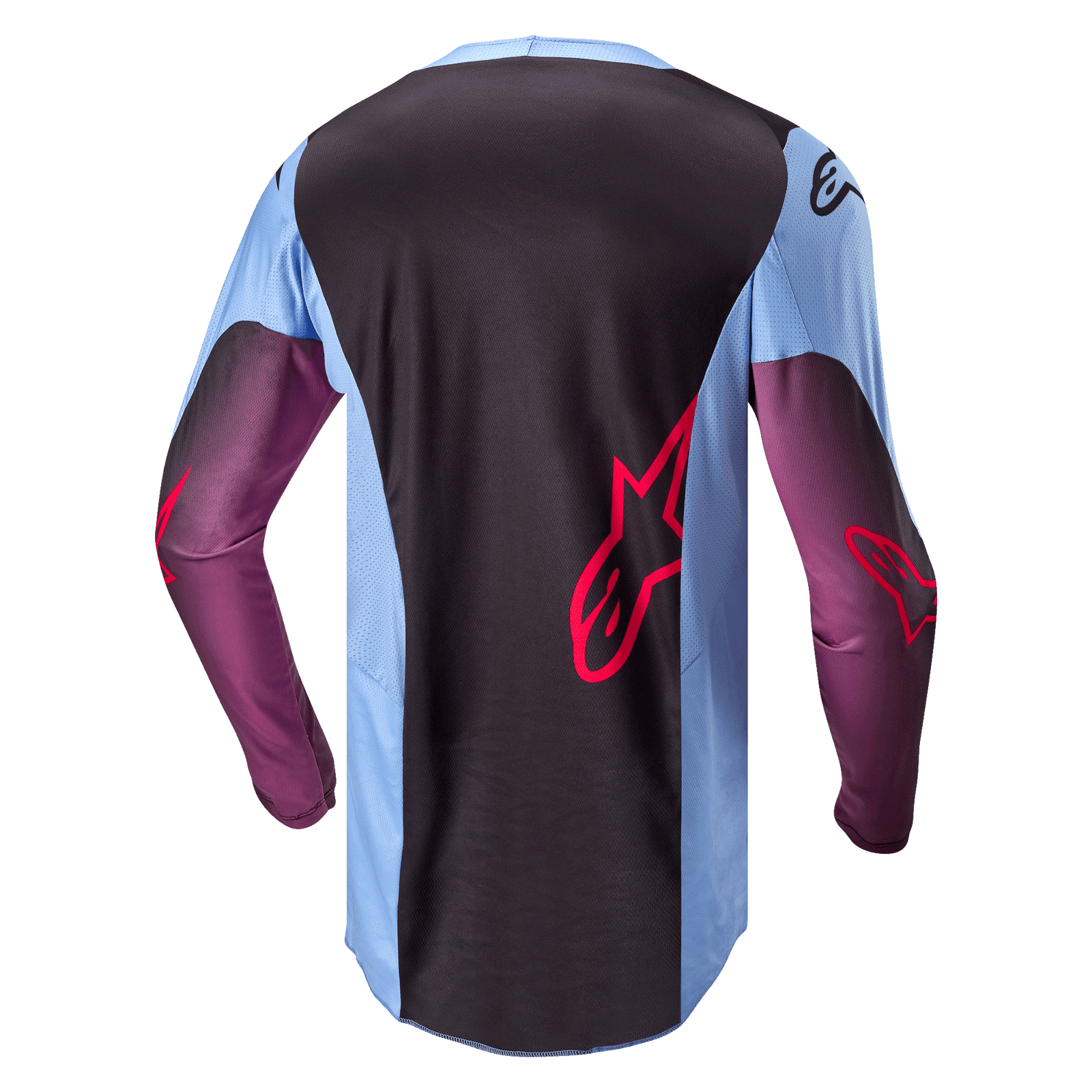 Alpinestars 2024 Racer Hoen Jersey, motocross jersey, back view in black, purple and light blue with red star graphics.