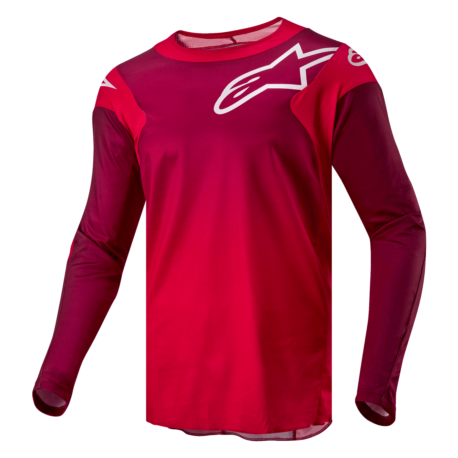 Alpinestars 2024 Racer Hoen Jersey, Men's Motocross Jersey, Mars Red and Burgundy, with moisture-wicking stretch fabric.