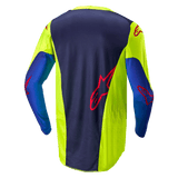 Alpinestars 2024 Racer Hoen Jersey, Motocross Jersey, Yellow Fluo and Blue Night Navy, back view showing dark blue central panel with red logo, bright yellow side sections, long sleeves, and breathable mesh fabric designed for off-road performance.