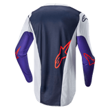 Alpinestars 2024 Racer Hoen Jersey, Motocross Jersey, Back View, Navy Blue and Light Gray with Purple Sleeves, Orange Alpinestars Logos, technical mesh fabric for off-road performance