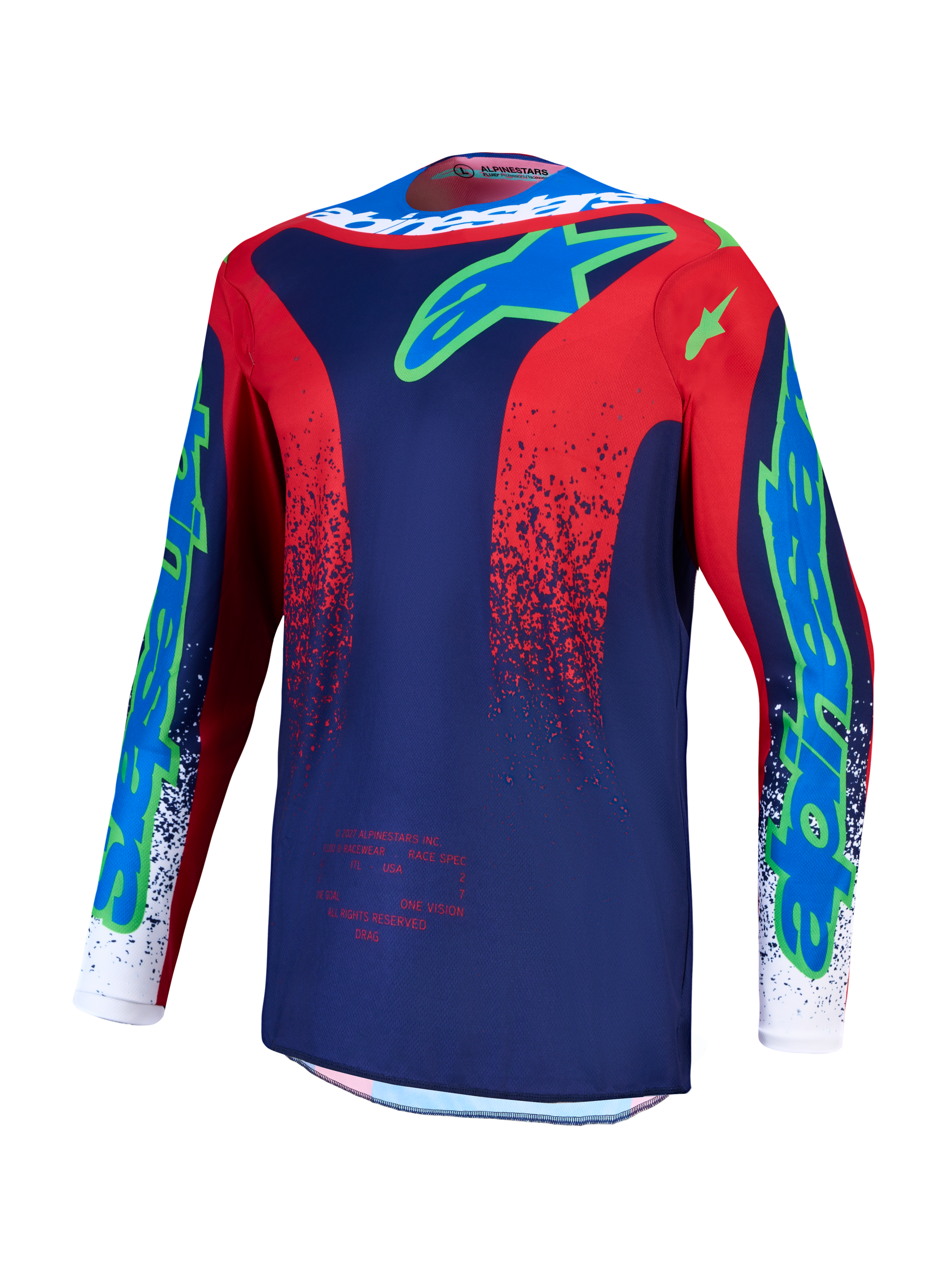 Alpinestars Fluid Drag Jersey, Men's Motocross Top, Navy Blue and Fire Red, breathable moisture-wicking polyfabric.