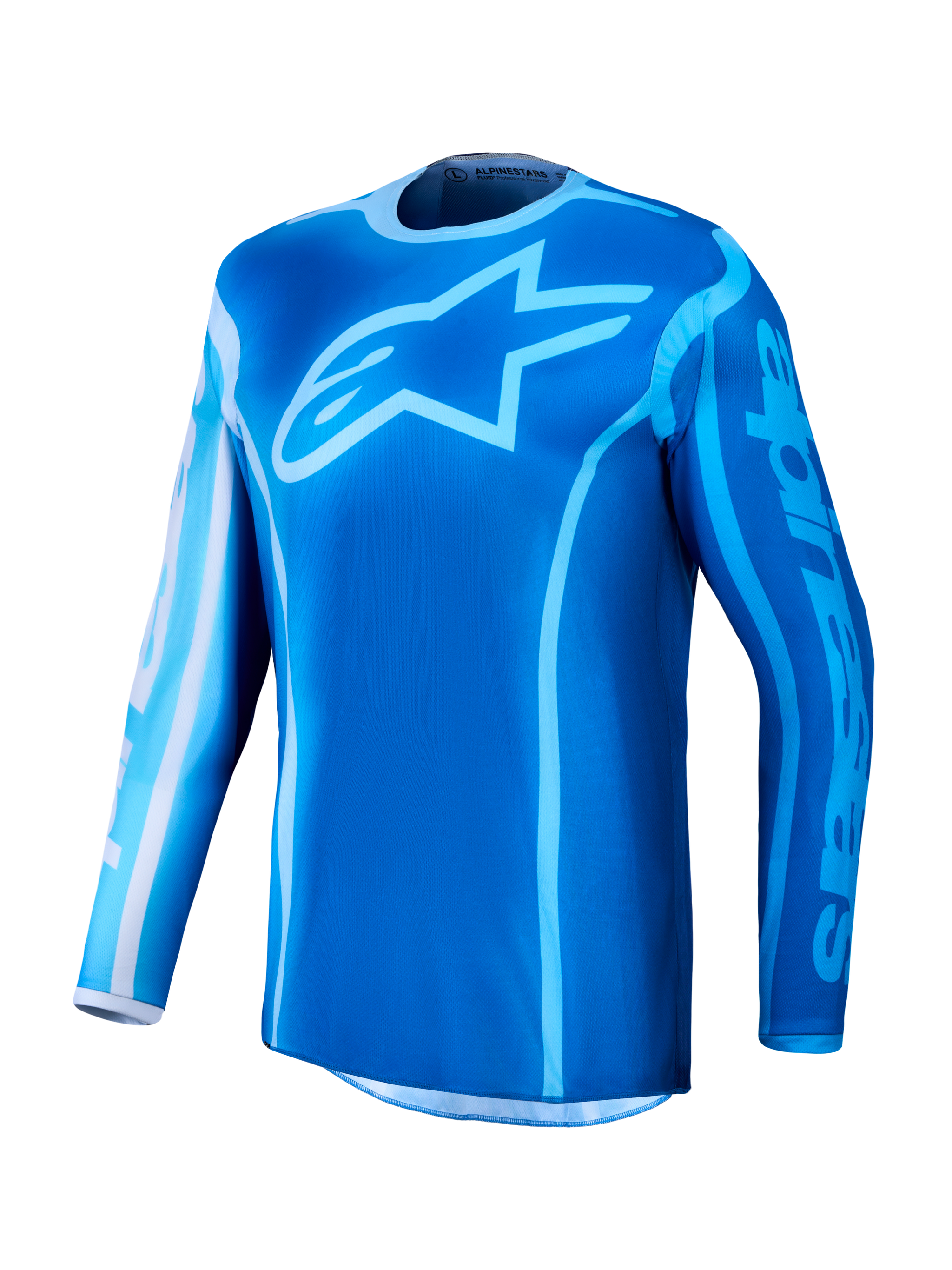 Alpinestars Fluid Kepler Jersey, Men's Motocross Racing Jersey in Ucla Blue and Blithe Blue, moisture-wicking polyfabric.