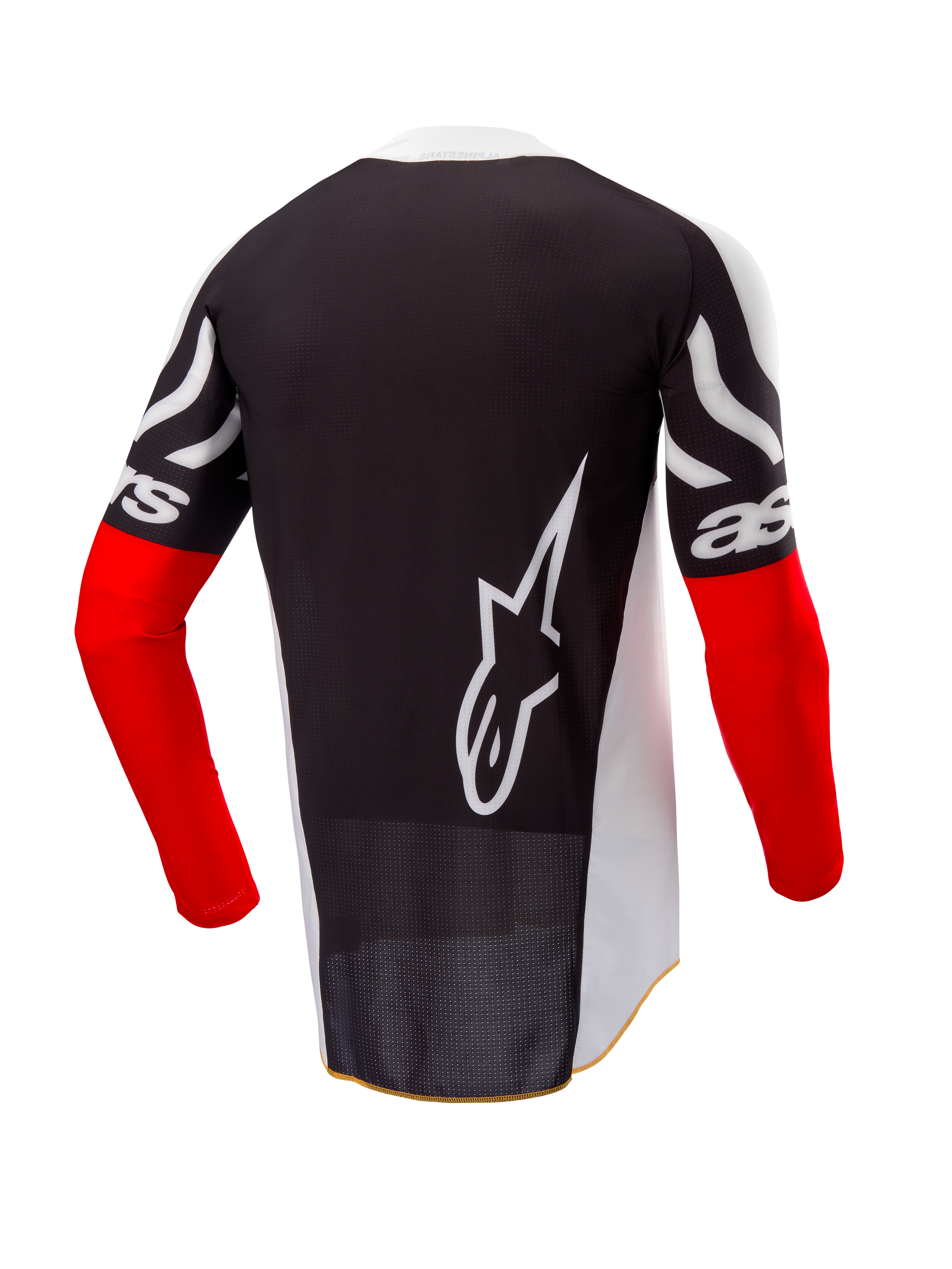 Alpinestars Limited Edition Techstar Deep Jersey, Motocross Jersey, Back View, Black and White with High Red sleeves, large white Alpinestars logo on the back, athletic race fit with perforated poly-fabric