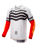 Alpinestars Limited Edition Techstar Deep Jersey, Motocross Jersey, White and Black design with wavy graphics on chest, bright Red sleeves with yellow Astars branding, performance off-road racing apparel.